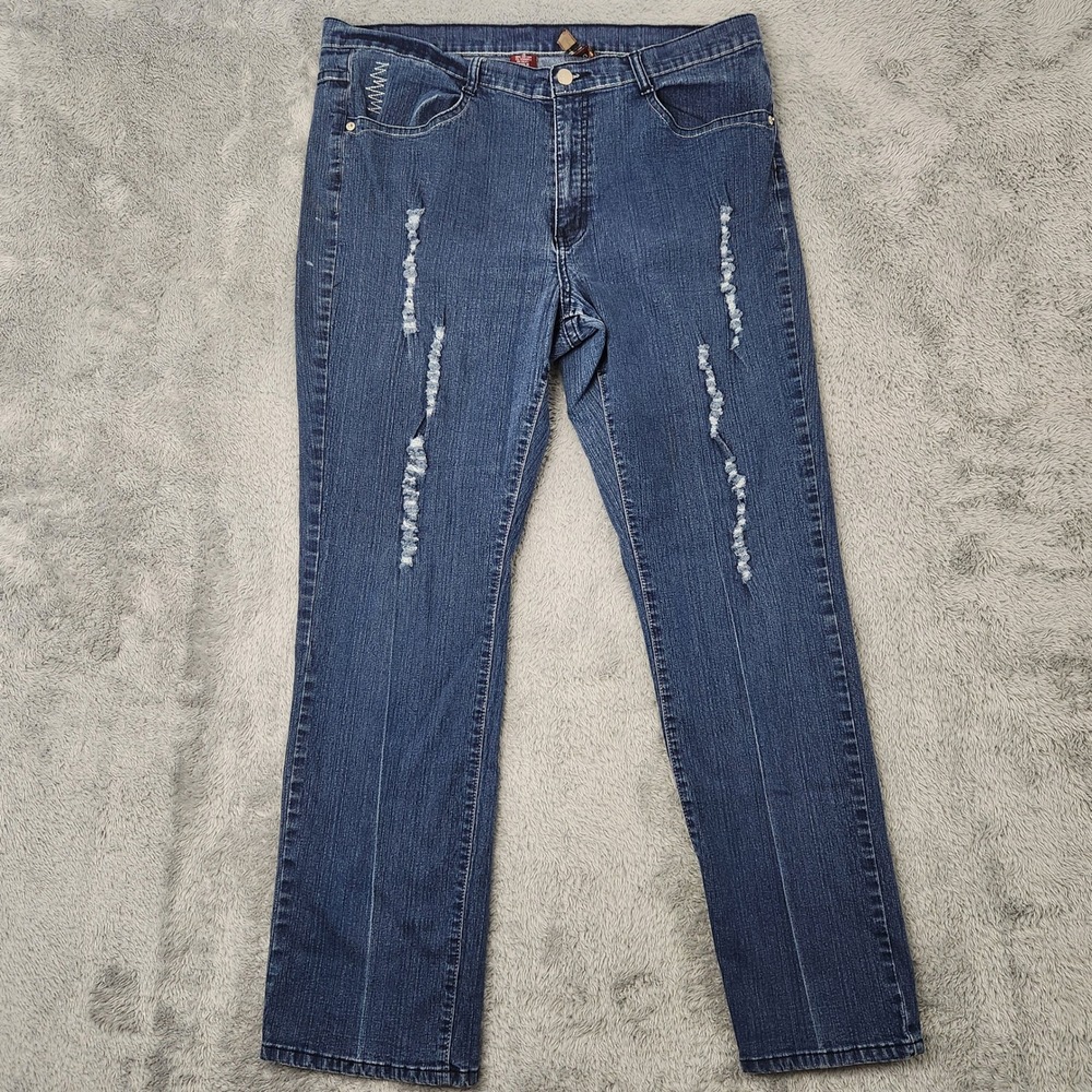 U-51 Jeans Women 18 Blue Straight Distressed Embroidered Pockets RN 119351 Denim